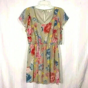Margo and Sebastian Tan Women's Size: M Floral Cap Sleeve Scoop Neck Mini Dress